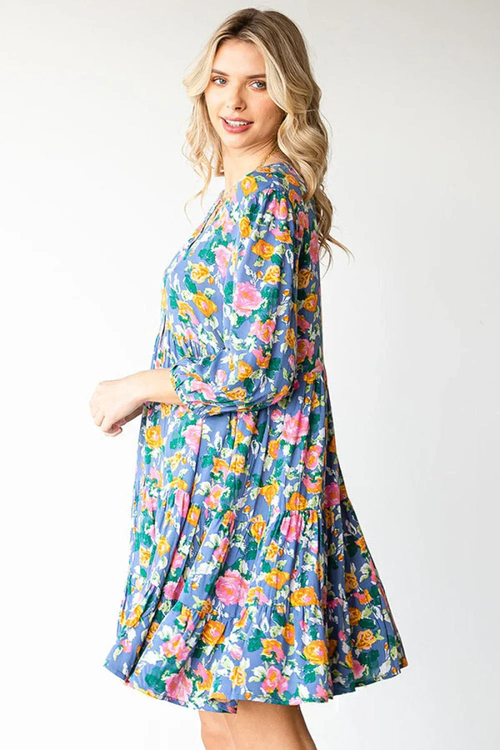 Boho Vibes Cotton Floral Button Down 3/4 Sleeve Tiered Dress - DAVERRI FASHIONS