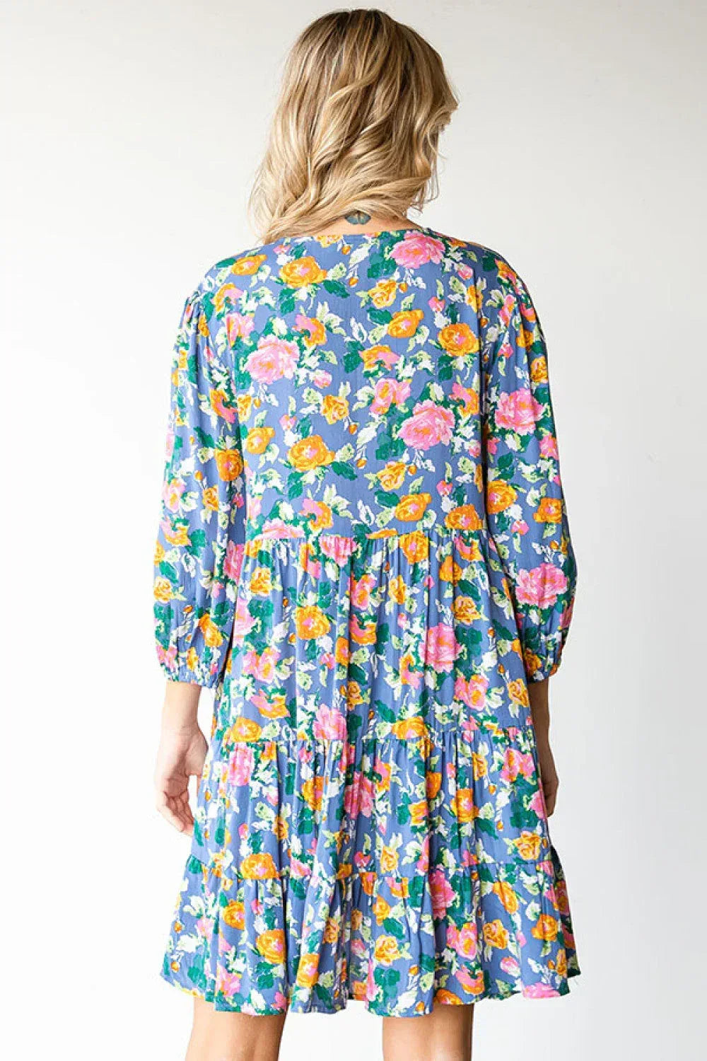 Boho Vibes Cotton Floral Button Down 3/4 Sleeve Tiered Dress - DAVERRI FASHIONS