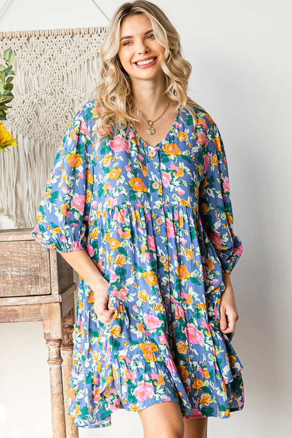 Boho Vibes Cotton Floral Button Down 3/4 Sleeve Tiered Dress | Daverri Fashions