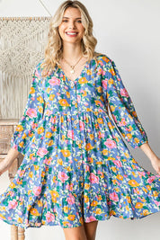 Boho Vibes Cotton Floral Button Down 3/4 Sleeve Tiered Dress | Daverri Fashions