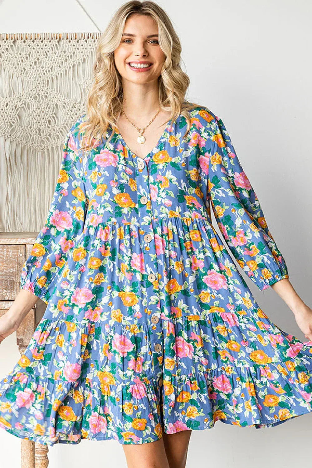 Boho Vibes Cotton Floral Button Down 3/4 Sleeve Tiered Dress - DAVERRI FASHIONS