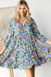 Boho Vibes Cotton Floral Button Down 3/4 Sleeve Tiered Dress | Daverri Fashions