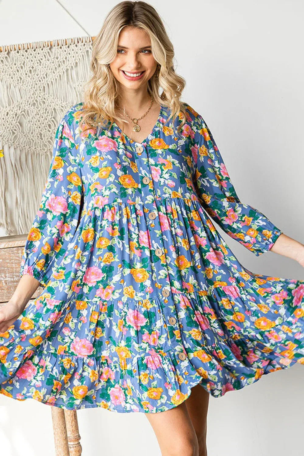 Boho Vibes Cotton Floral Button Down 3/4 Sleeve Tiered Dress - DAVERRI FASHIONS