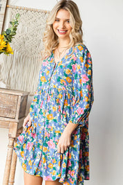 Boho Vibes Cotton Floral Button Down 3/4 Sleeve Tiered Dress | Daverri Fashions