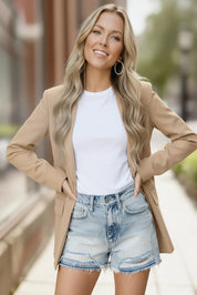 City Chic Taupe Blazer with frayed denim shorts and white t-shirt