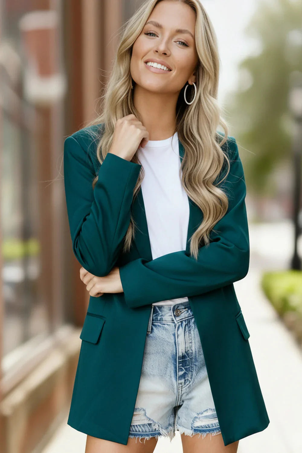 City Chic Green Blazer with pocket details and denim shorts