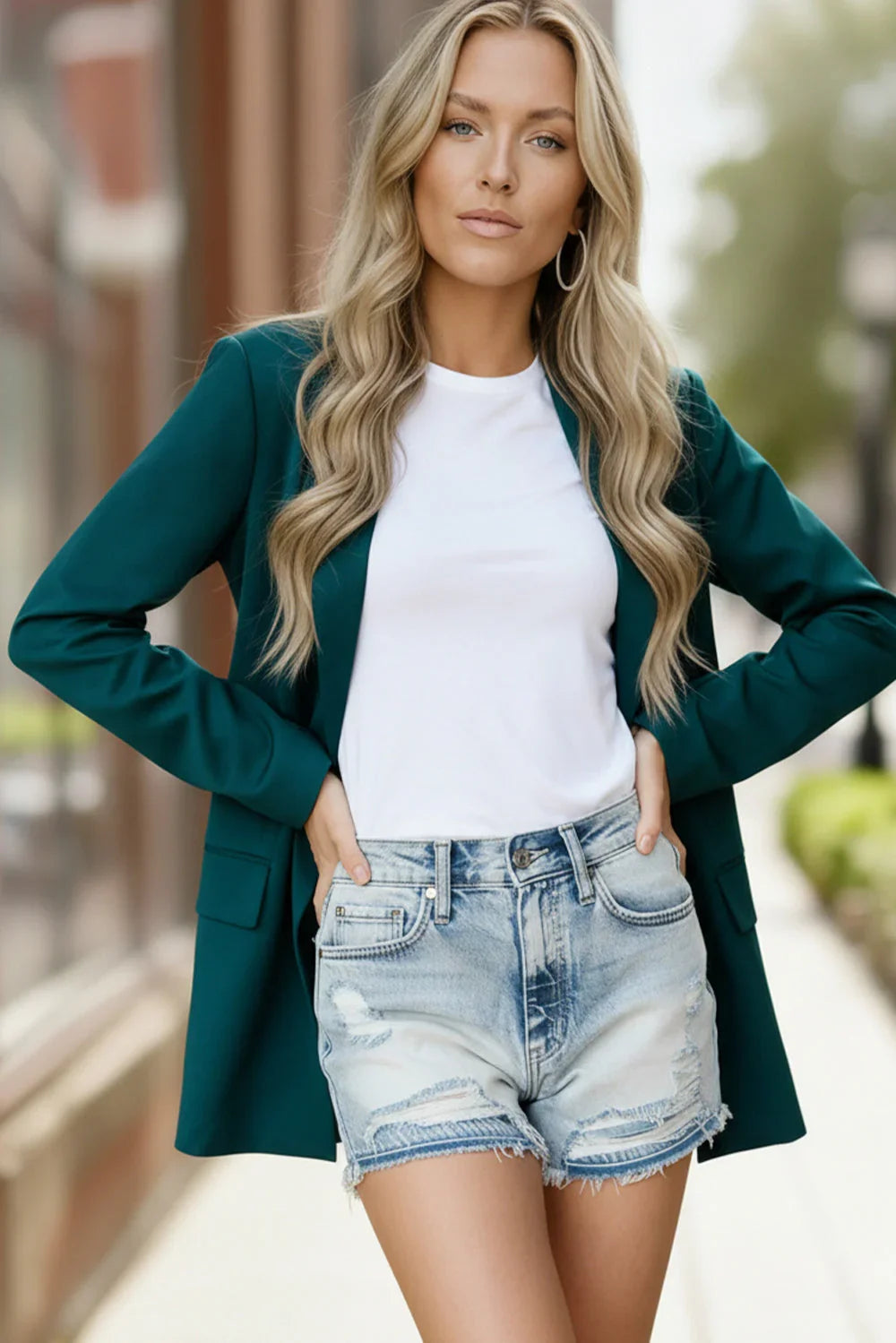 City Chic green blazer with distressed denim shorts and white t-shirt