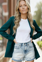 City Chic green blazer with distressed denim shorts and white t-shirt