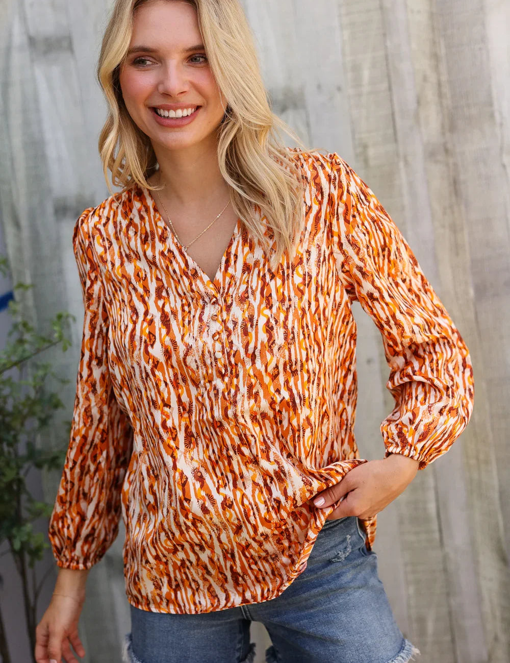 Perfectly You Rust Satin Button-Down V Neck Elastic Sleeve Blouse | Daverri Fashions