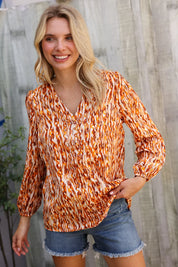 Perfectly You Rust Satin Button-Down V Neck Elastic Sleeve Blouse | Daverri Fashions