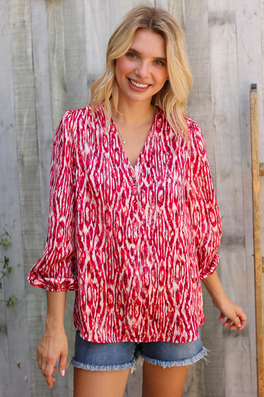 Perfectly You Berry Satin V-Neck Blouse in vibrant red and white ikat pattern