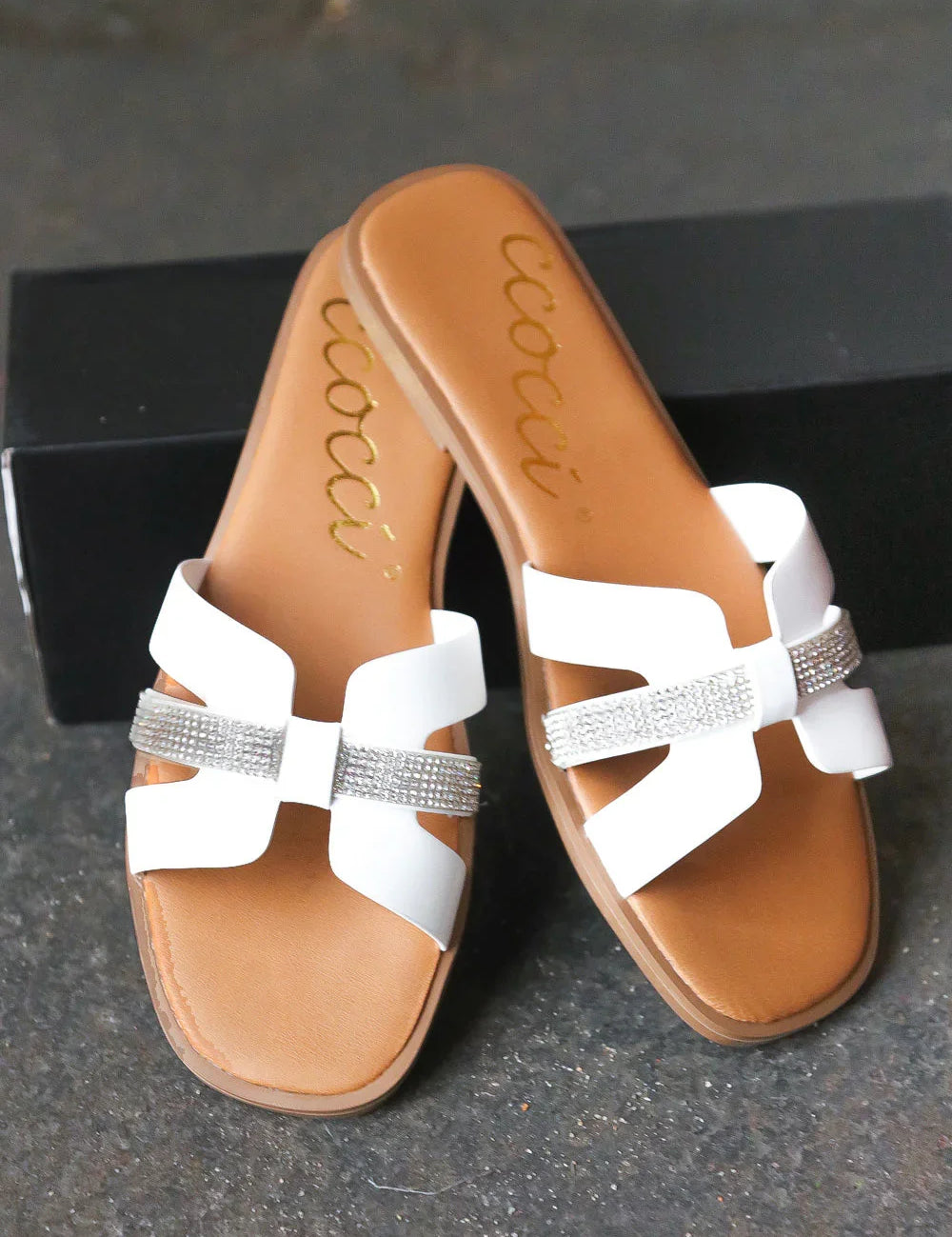 White Vegan Leather & Rhinestone Slide Sandals | Daverri Fashions