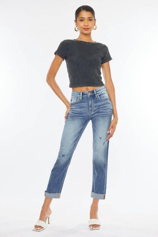 High Rise 5-Pocket Cuffed Slim Straight Jeans Jeans