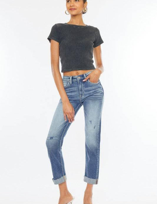 High Rise 5-Pocket Cuffed Slim Straight Jeans Jeans