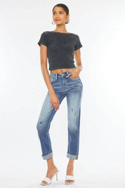 High Rise 5-Pocket Cuffed Slim Straight Jeans Jeans