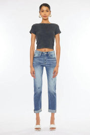 High Rise 5-Pocket Cuffed Slim Straight Jeans Jeans