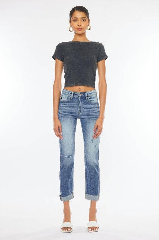 High Rise 5-Pocket Cuffed Slim Straight Jeans Jeans