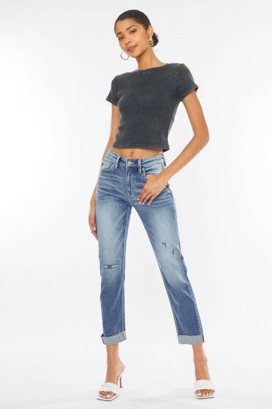 High Rise 5-Pocket Cuffed Slim Straight Jeans Jeans