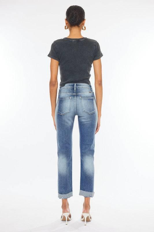 High Rise 5-Pocket Cuffed Slim Straight Jeans Jeans