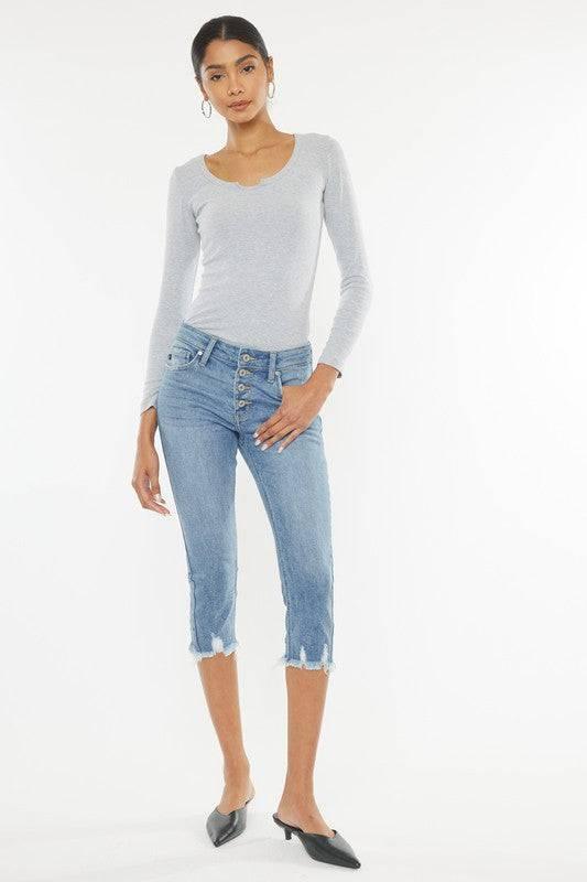 Kancan Mid-Rise Frayed Hem Capri Jeans Jeans