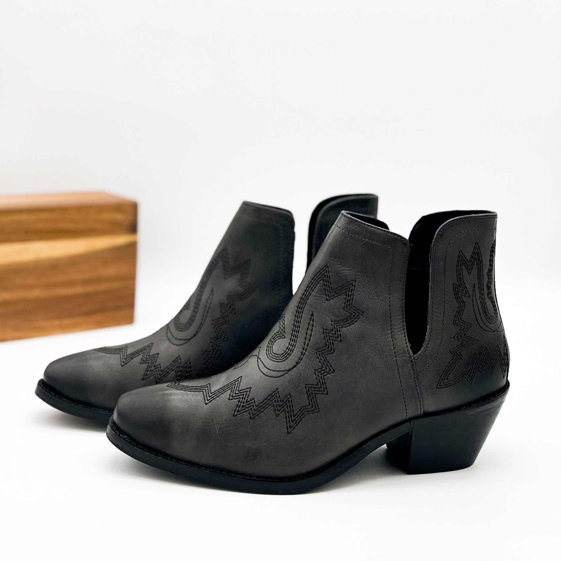 Dark gray leather Kickin Booties in Black cowboy boots with stitched designs