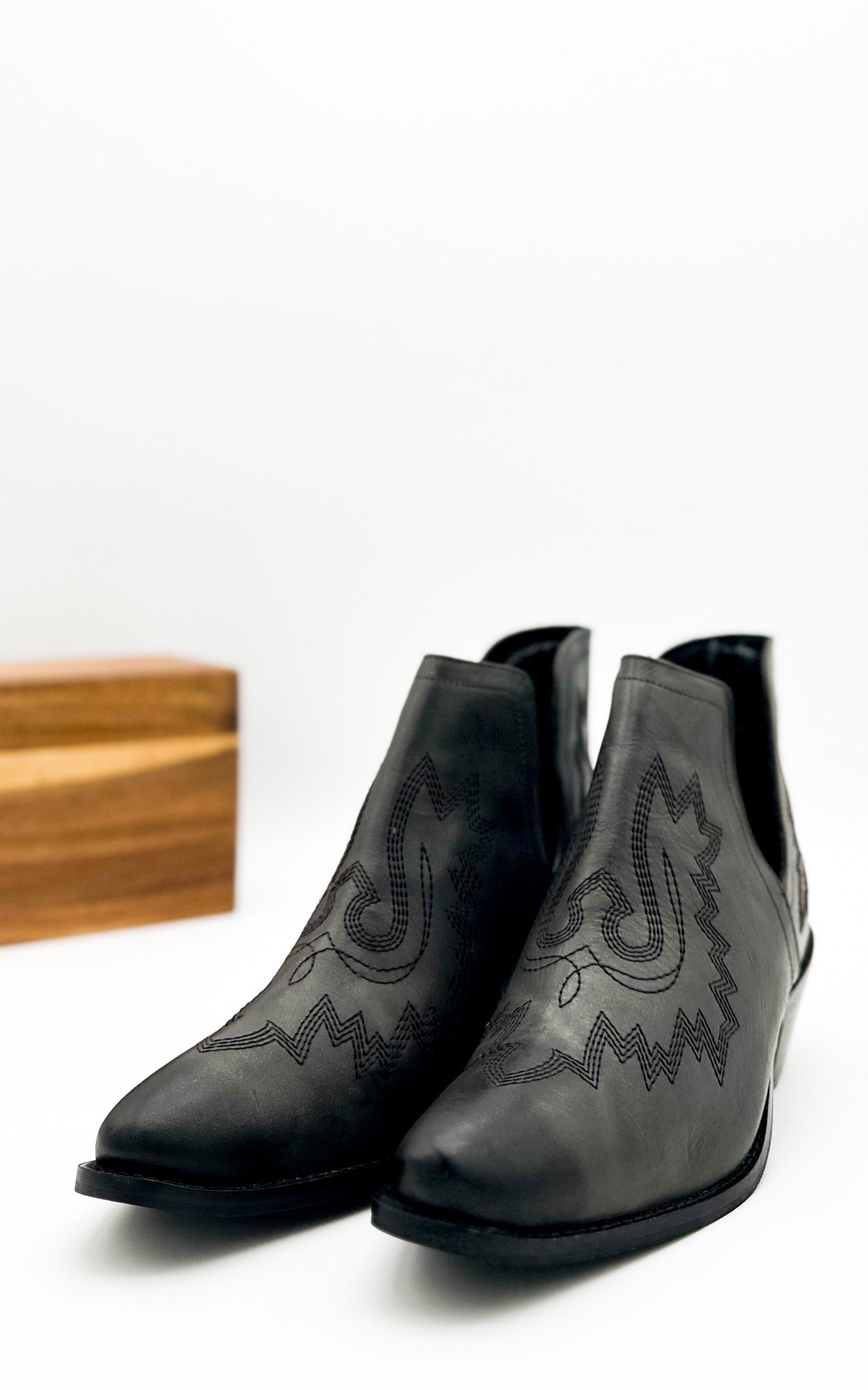 Black Kickin Booties leather cowboy boots with stitched side designs