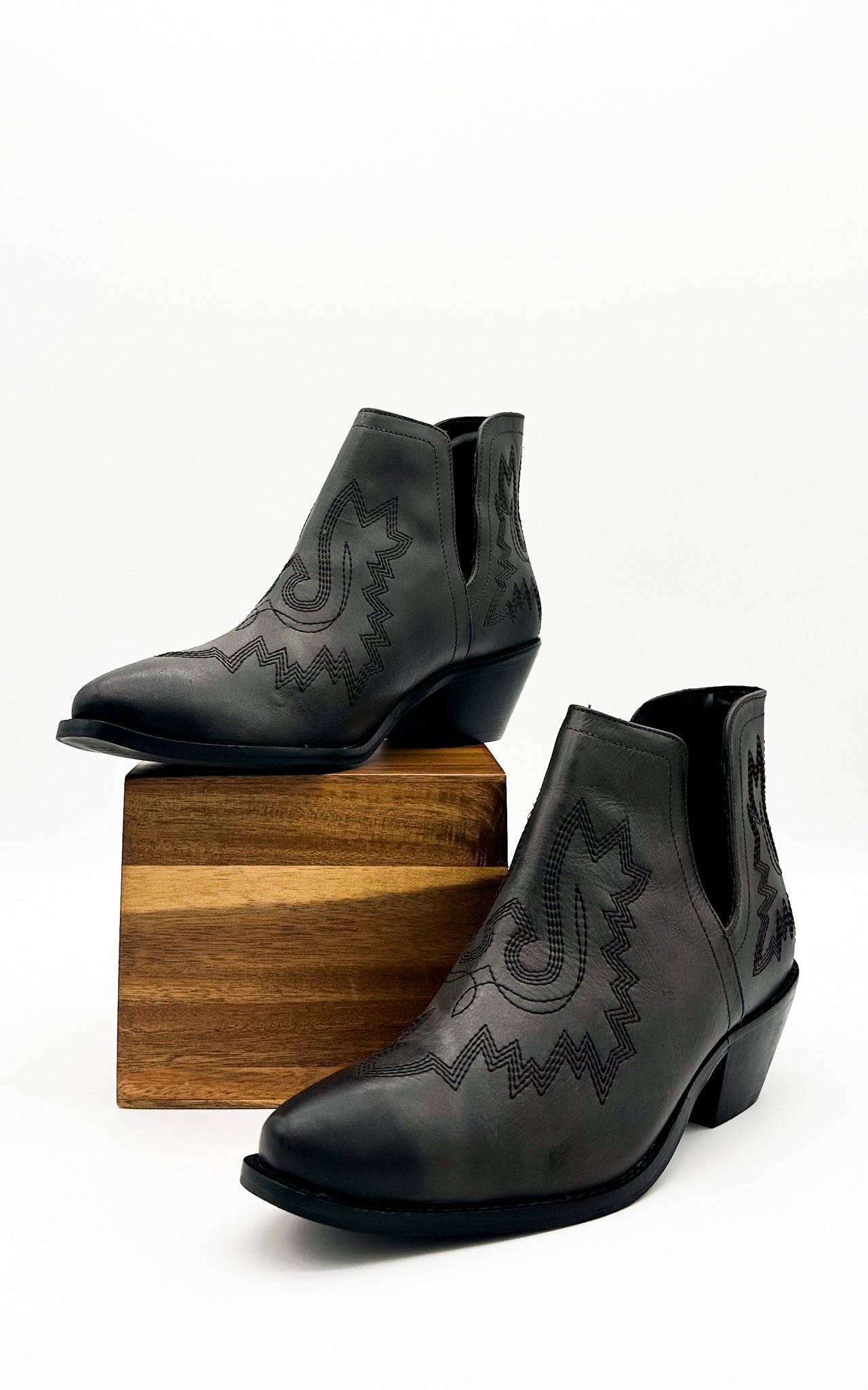 Black Kickin Booties leather ankle boots with tribal stitching