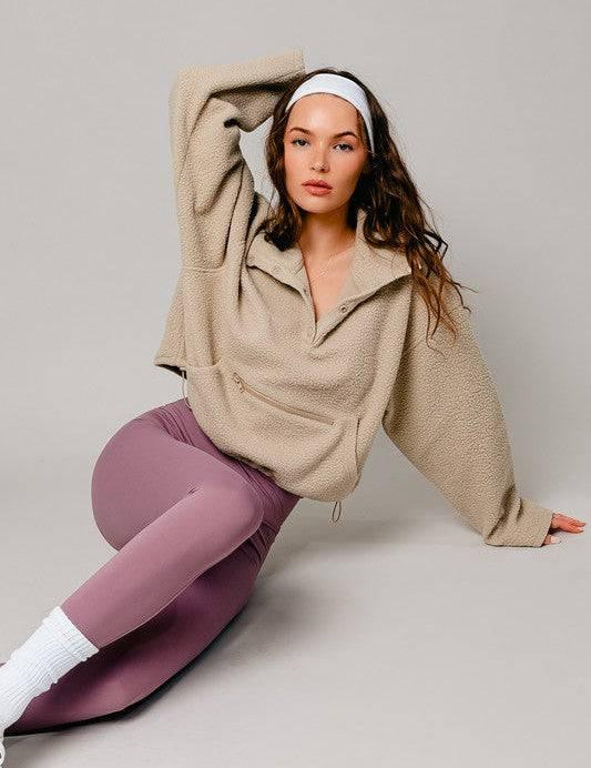 Pocket Detail Boxy Fleece Pullover Sweater TAUPE Sweaters