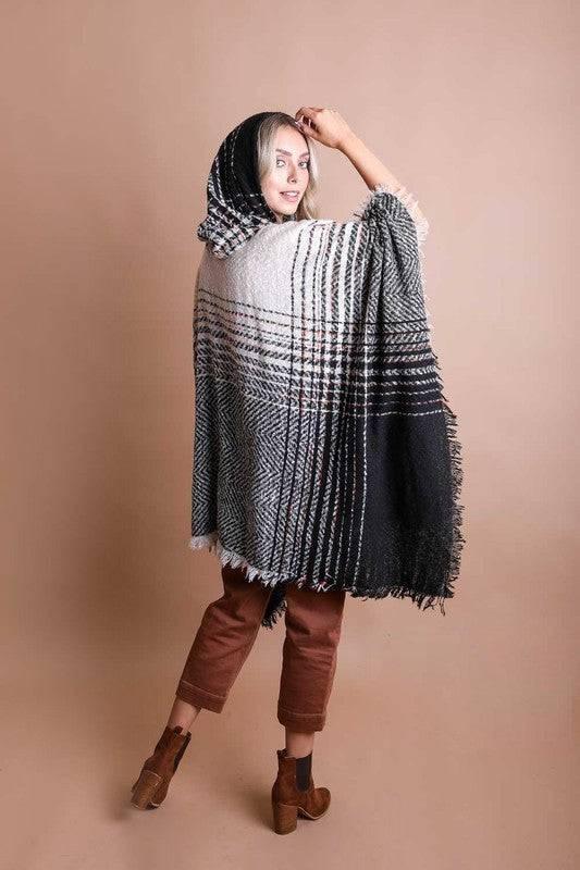 Women's hooded frayed edge tweed poncho Mocha One Size Ponchos