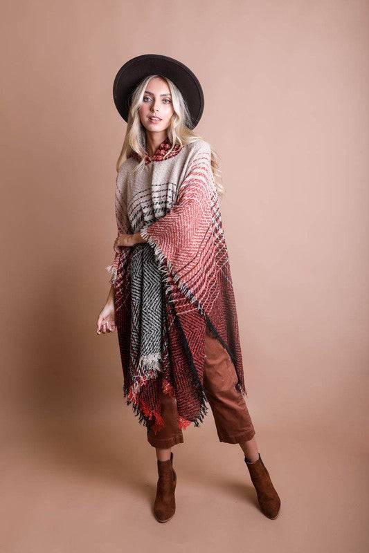 Women's hooded frayed edge tweed poncho Ponchos