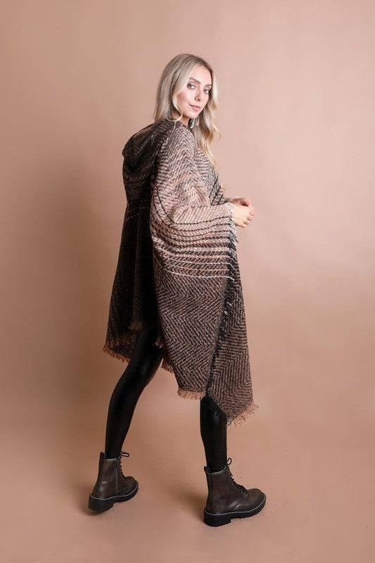 Women's hooded frayed edge tweed poncho Rust One Size Ponchos