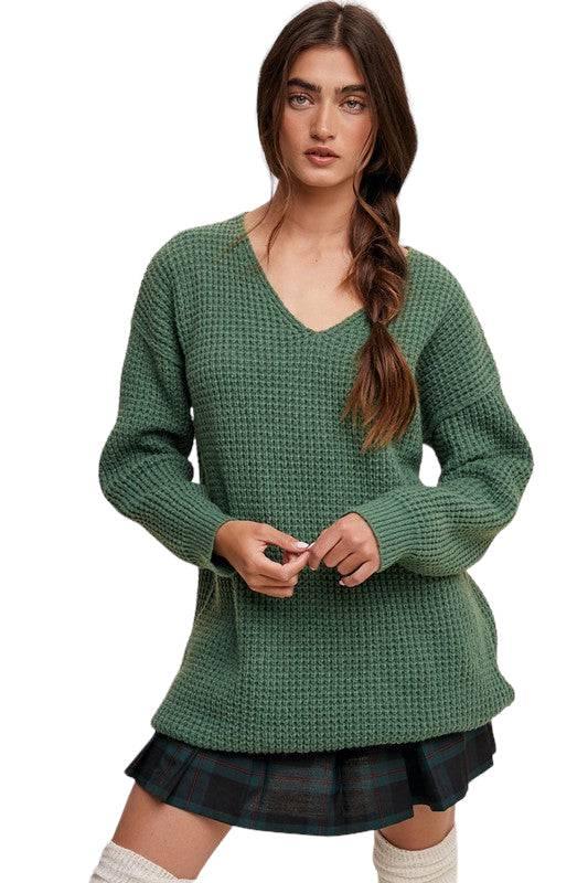 V-neck Ribbed Knit Sweater Forest Green