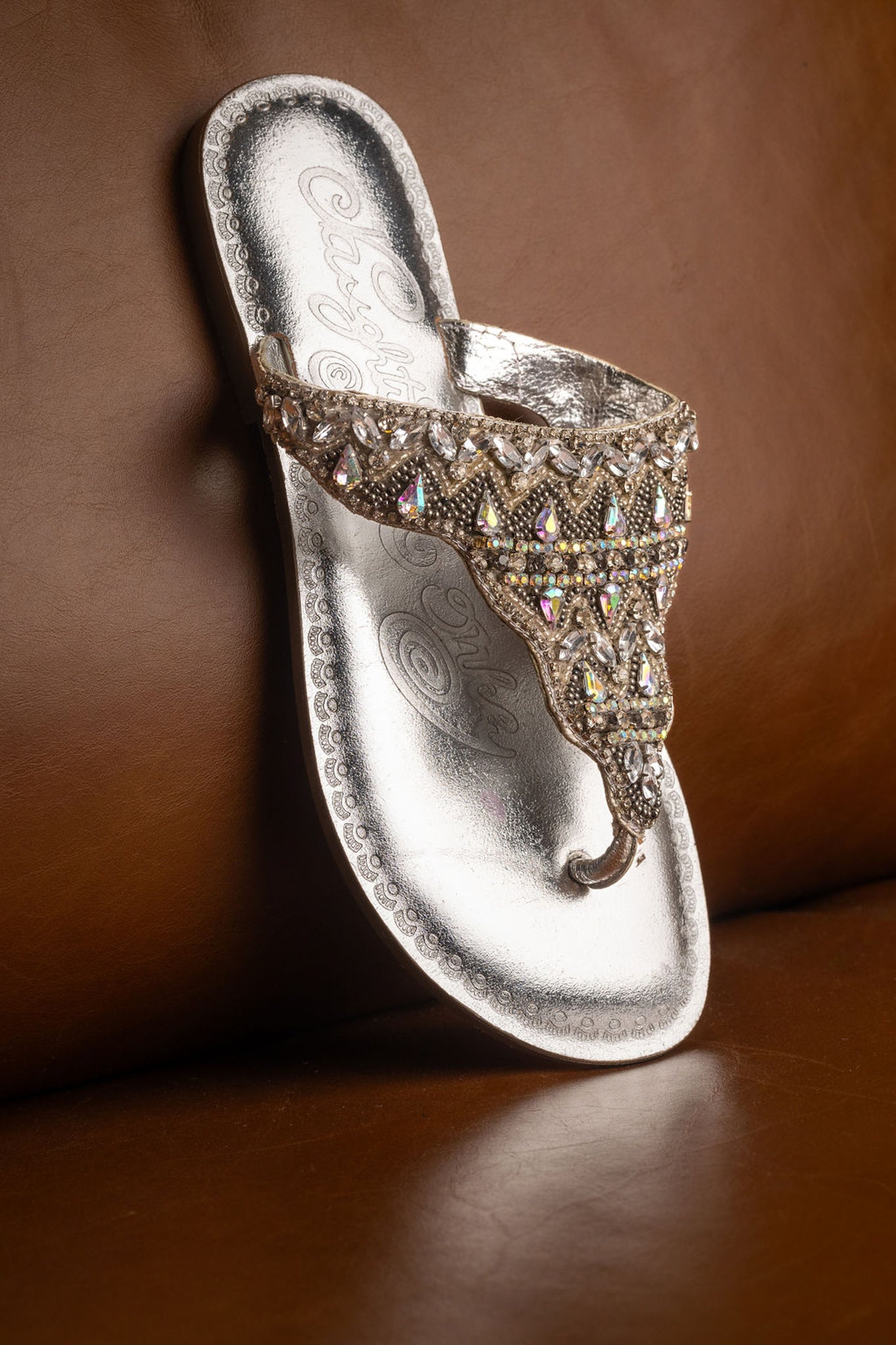 Silver Loving U thong sandal with beaded rhinestone straps