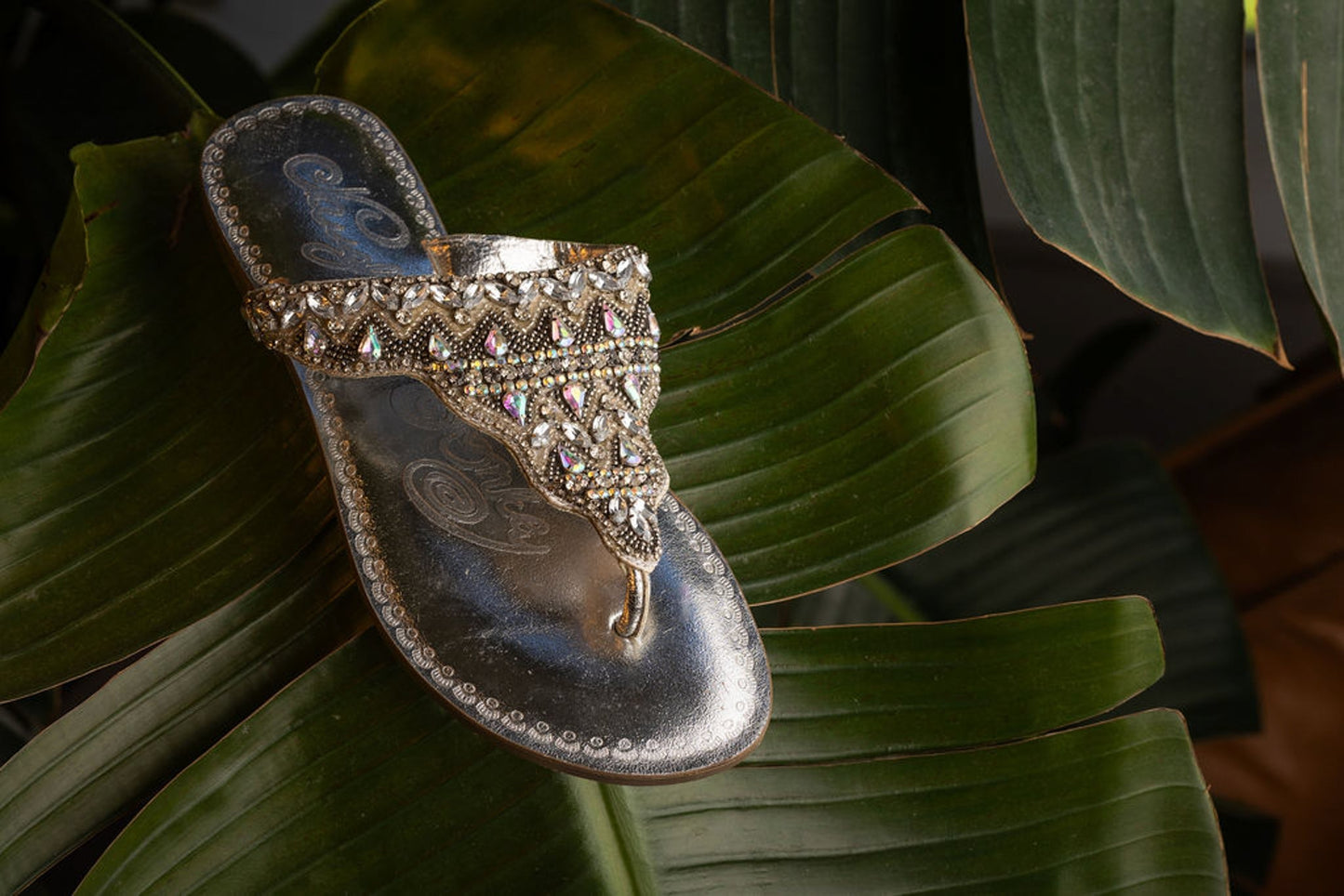 Silver Loving U thong sandal with beaded rhinestone straps