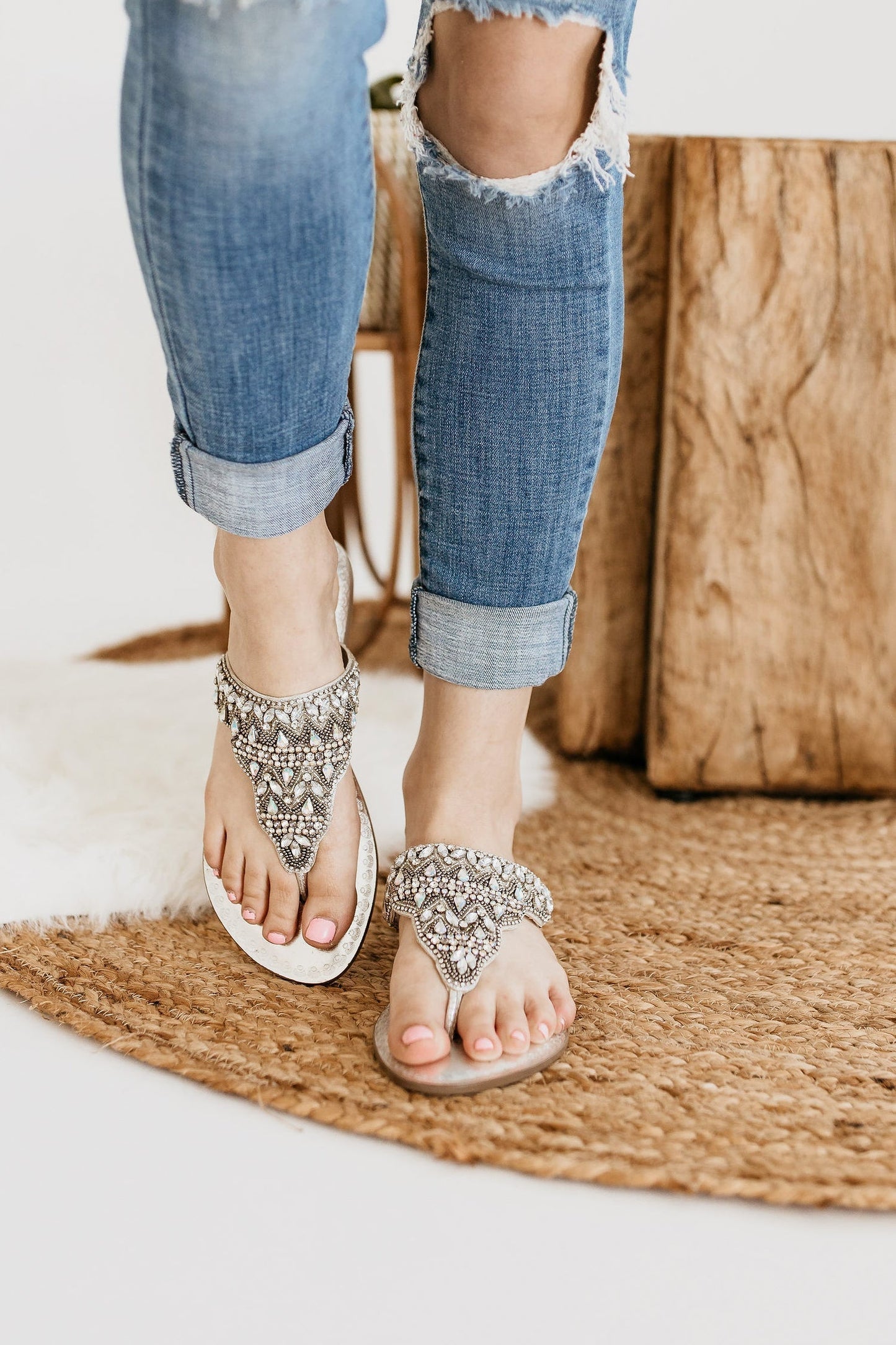 Silver Loving U beaded thong sandals with geometric pattern