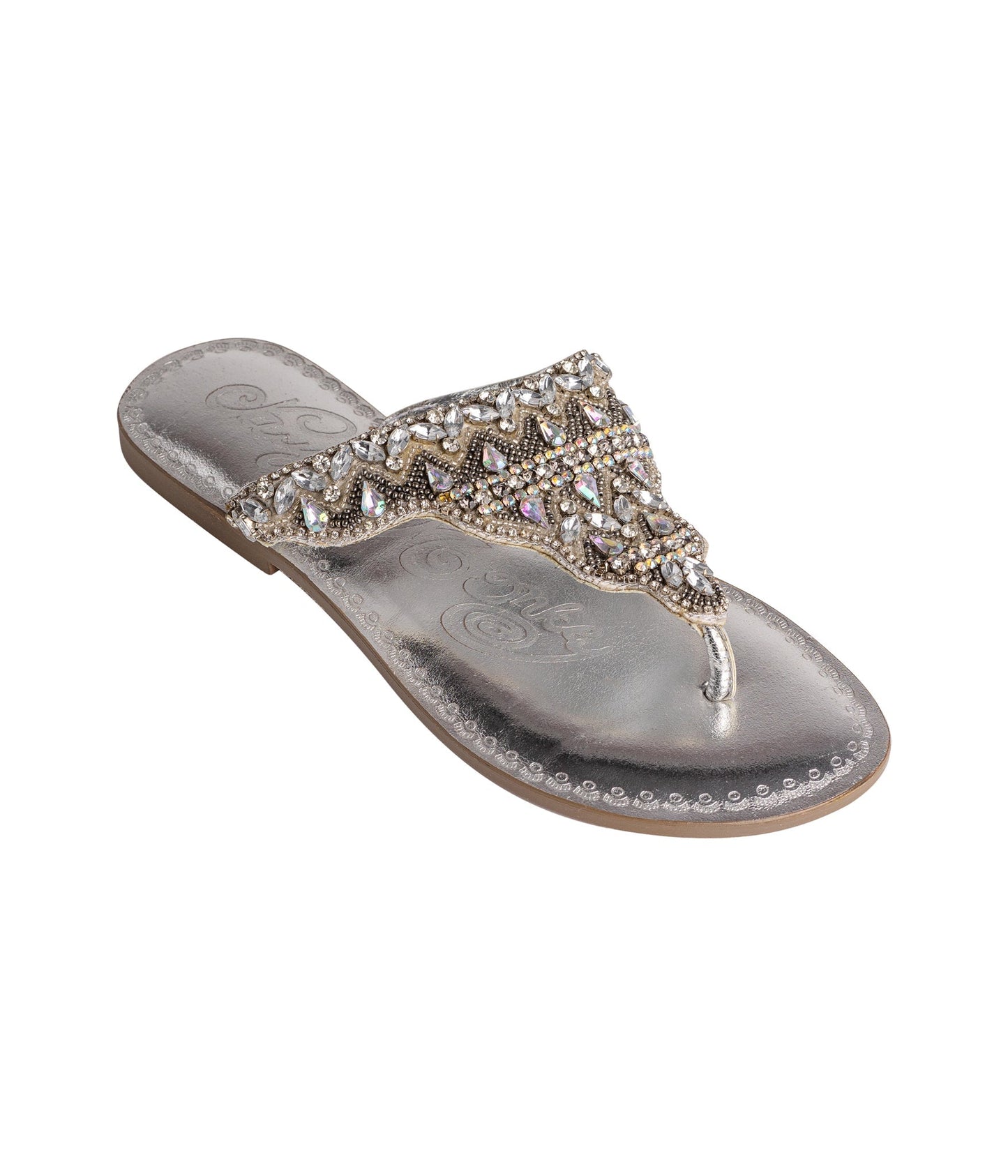 Silver Loving U flip-flop sandal with sparkling rhinestone bead toe strap