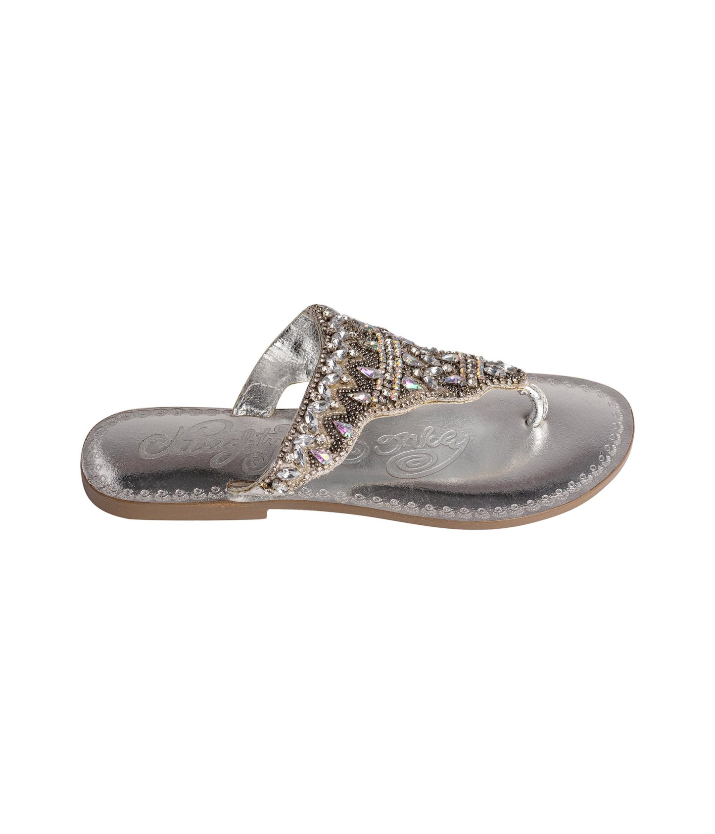 Silver Loving U beaded thong sandal with jeweled strap