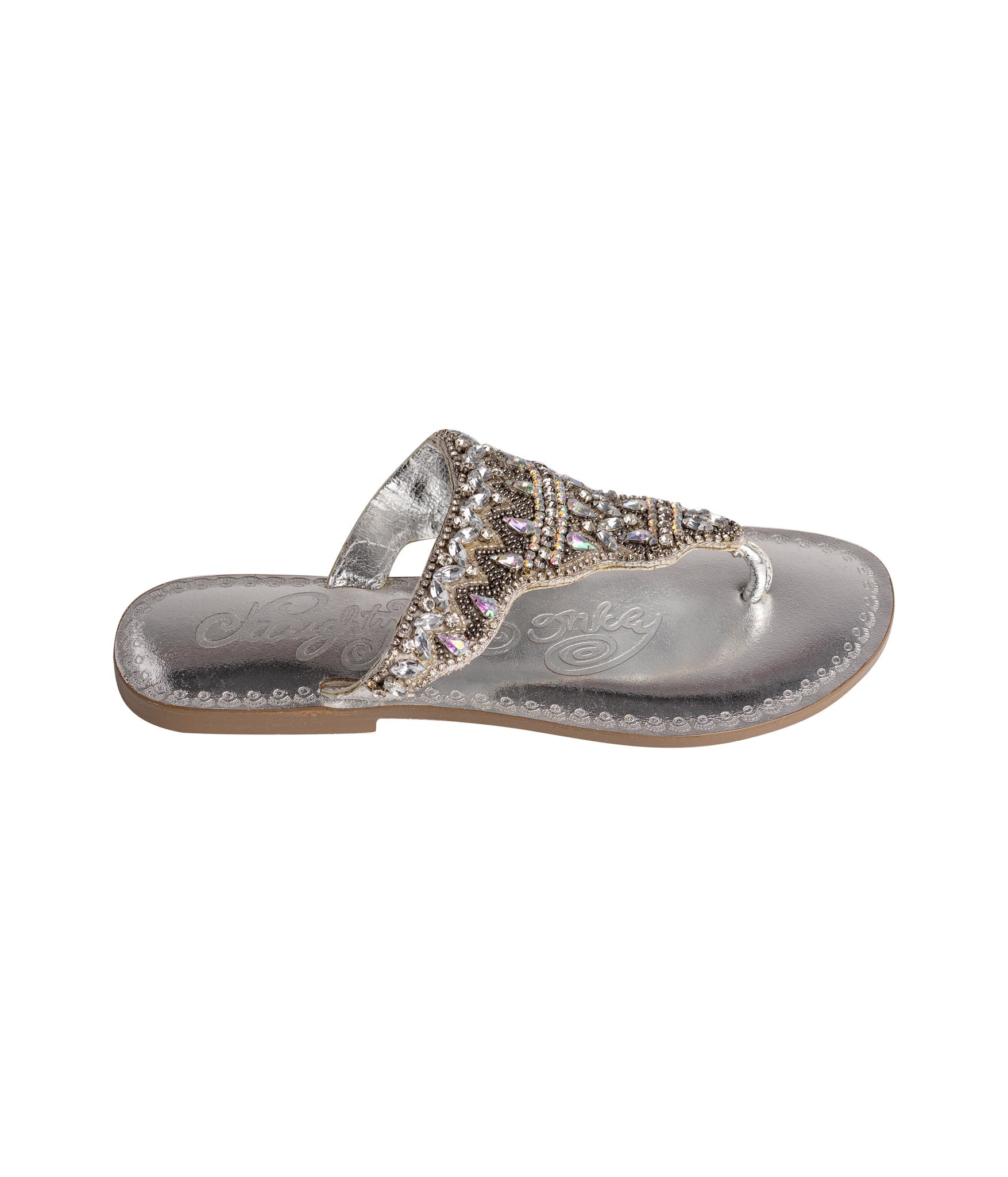 Silver Loving U beaded thong sandal with jeweled strap