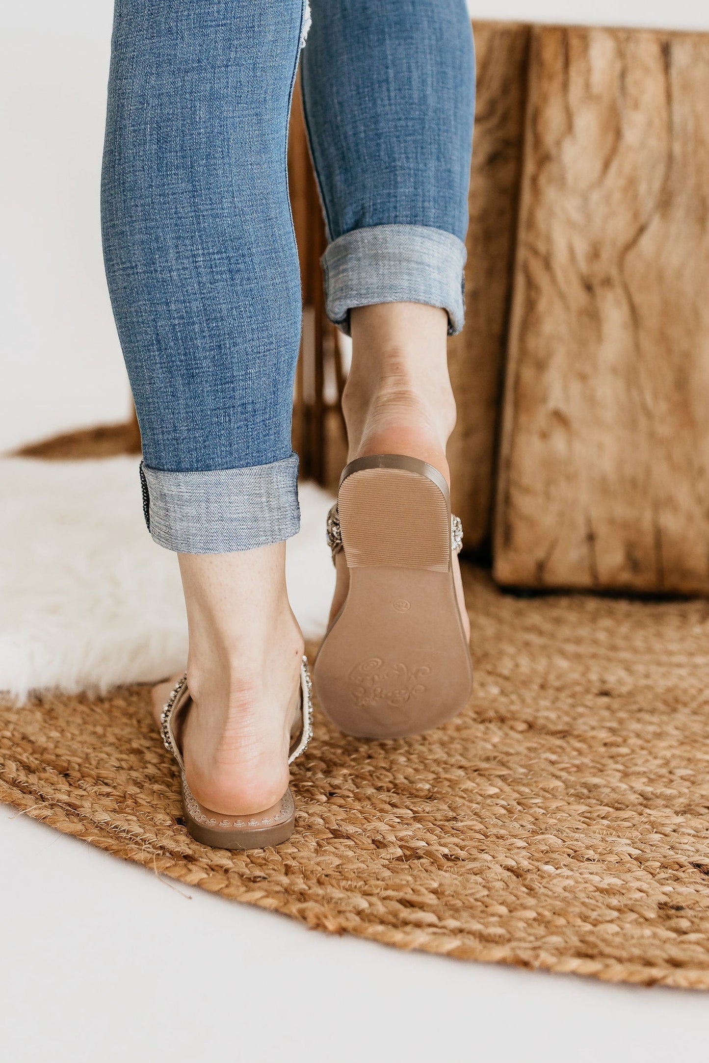 Beige leather Loving U slide sandals in silver with chain strap