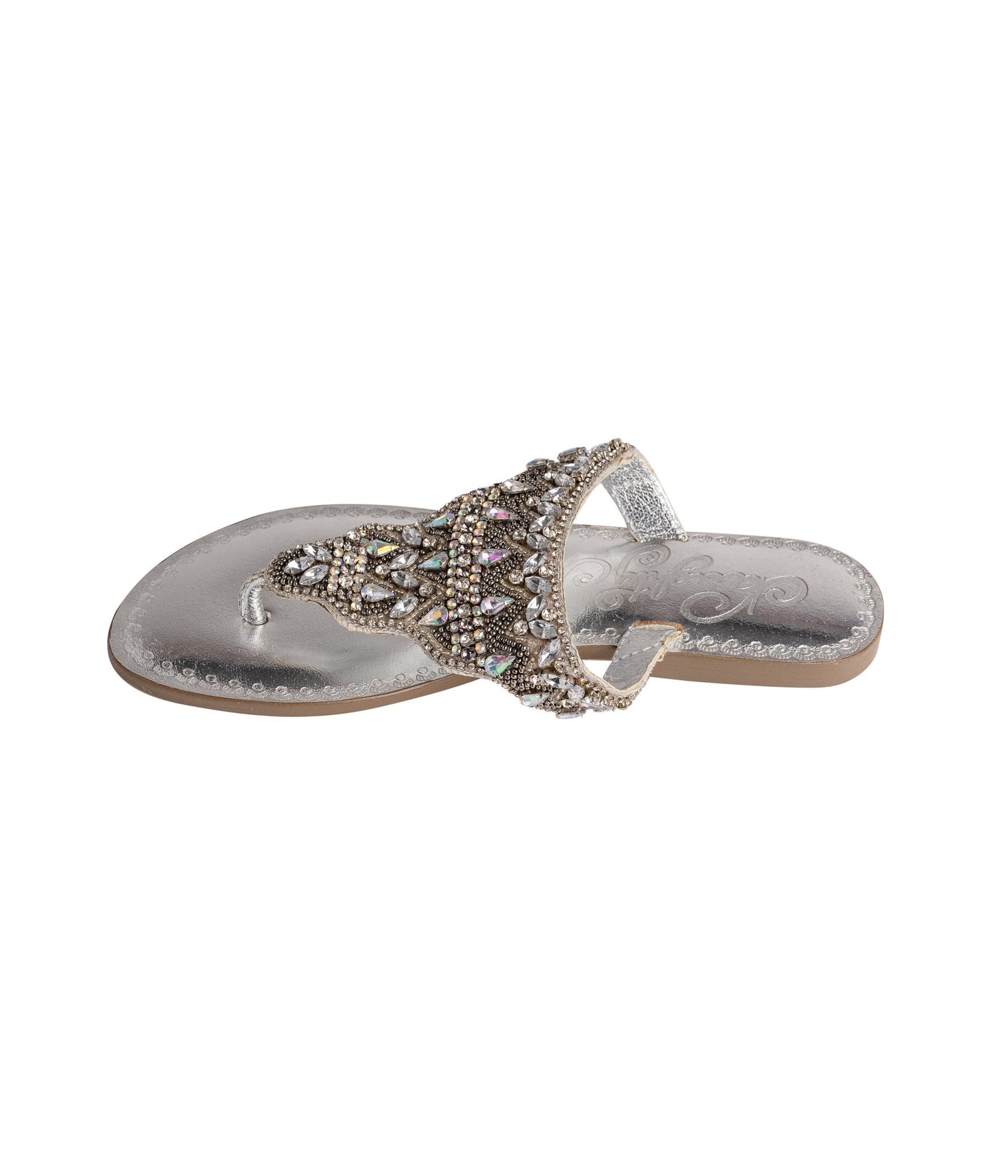 Silver Loving U thong sandal with rhinestone-embellished strap