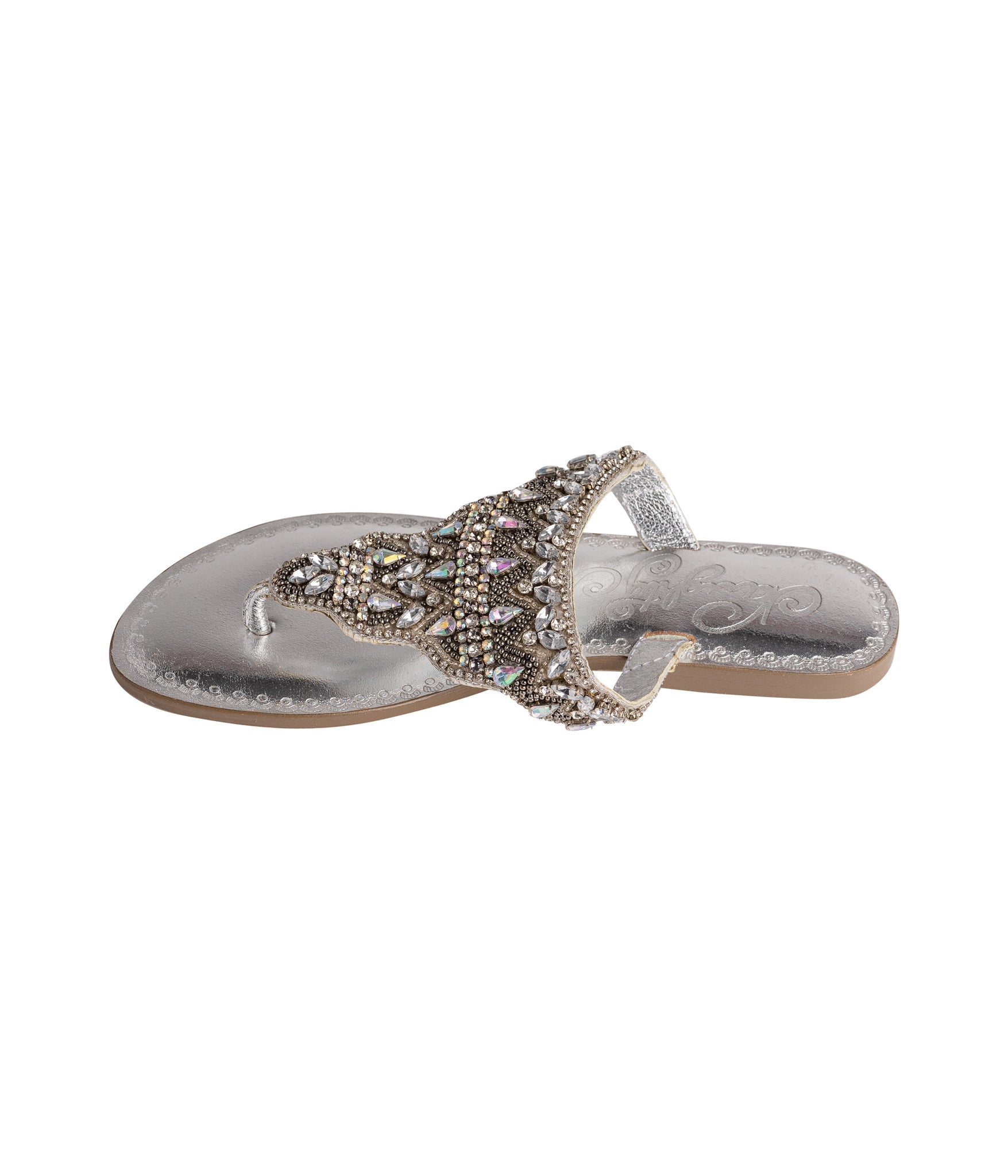 Silver Loving U thong sandal with rhinestone-embellished strap