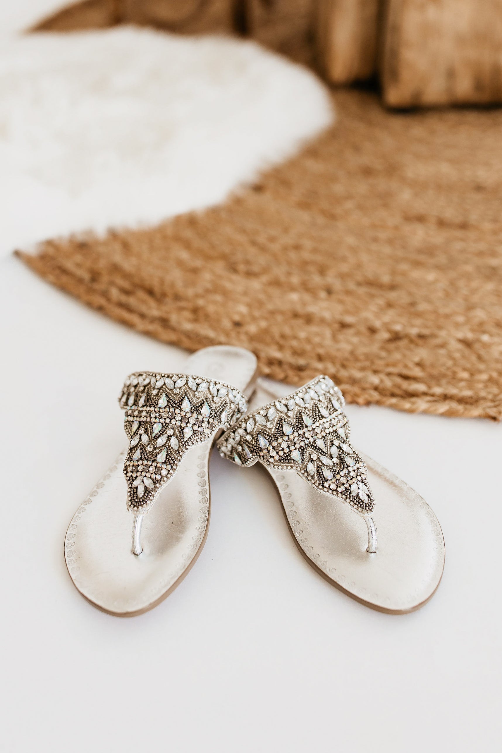 Silver Loving U thong sandals with beaded leaf detailing