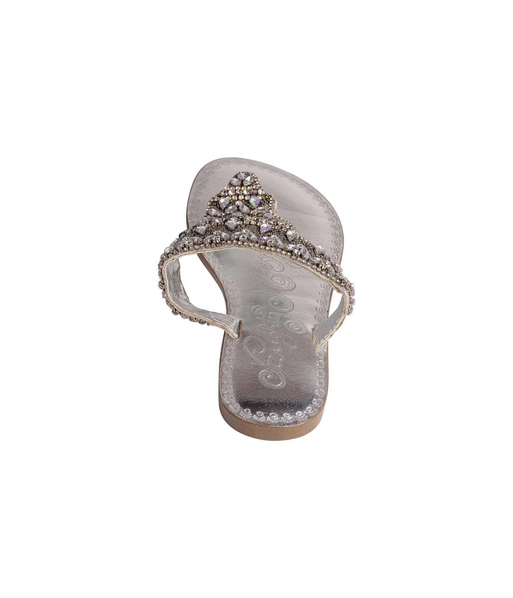 Silver Loving U thong sandal with sparkling jeweled crown strap