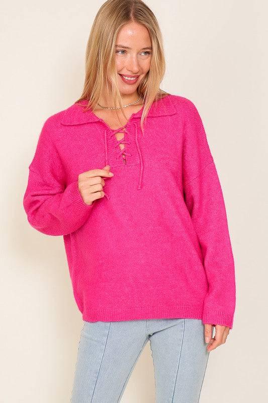 Lumiere front tie long sleeve sweater Fuchsia Sweaters