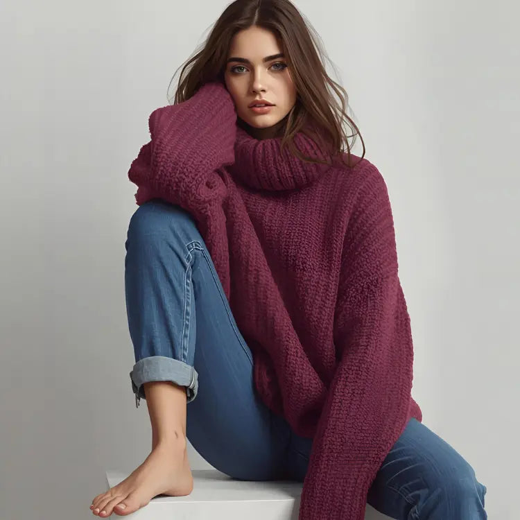 A woman wearing a purple oversized turtleneck sweater with denim jeans