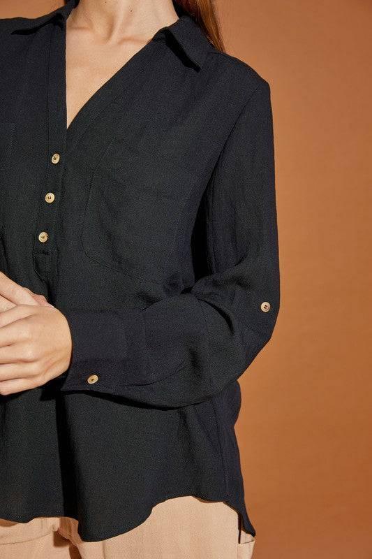 Black V-Neck Button Down Woven Blouse Tops