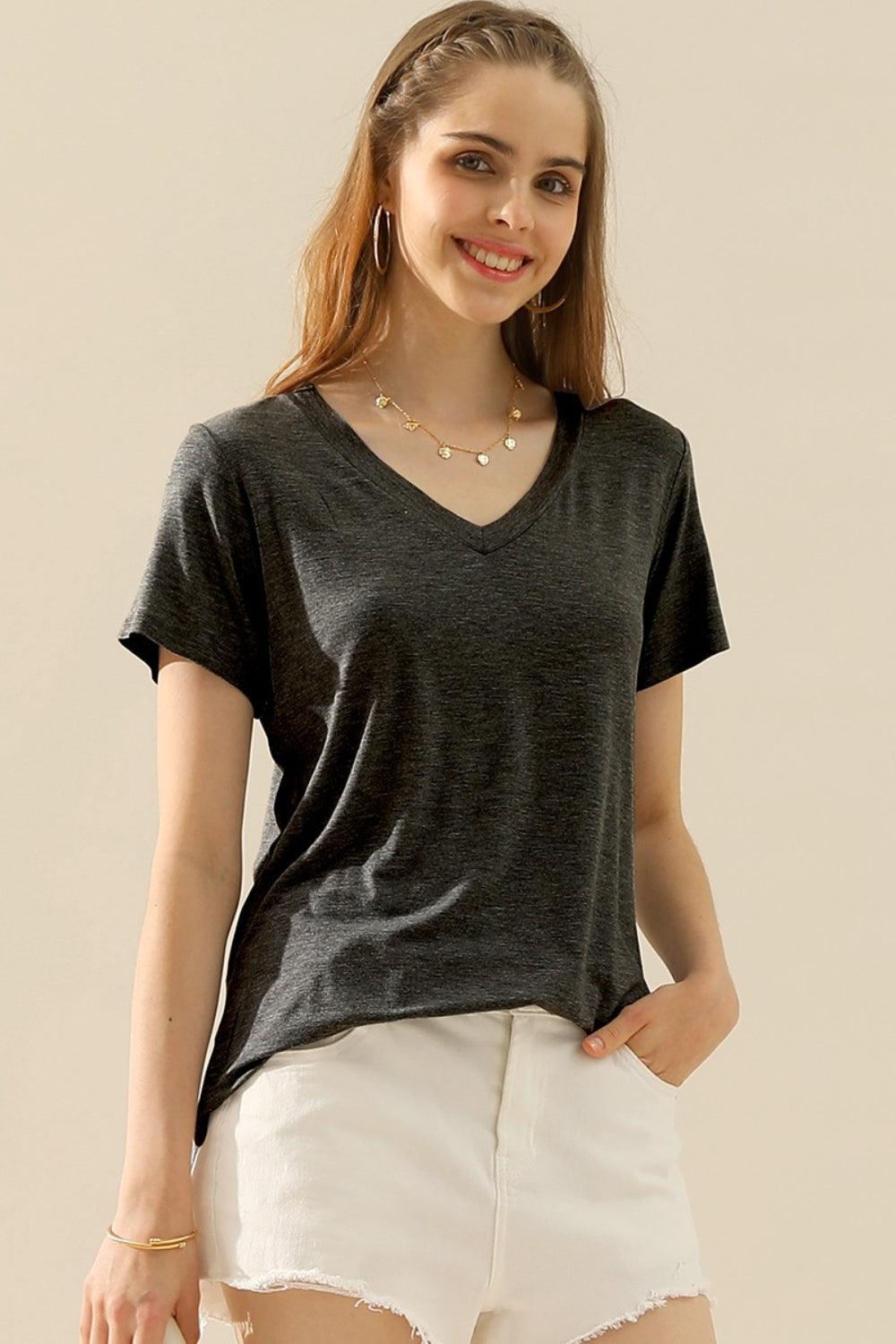 Ninexis Full Size V-Neck Short Sleeve T-Shirt H CHARCOAL T-Shirts