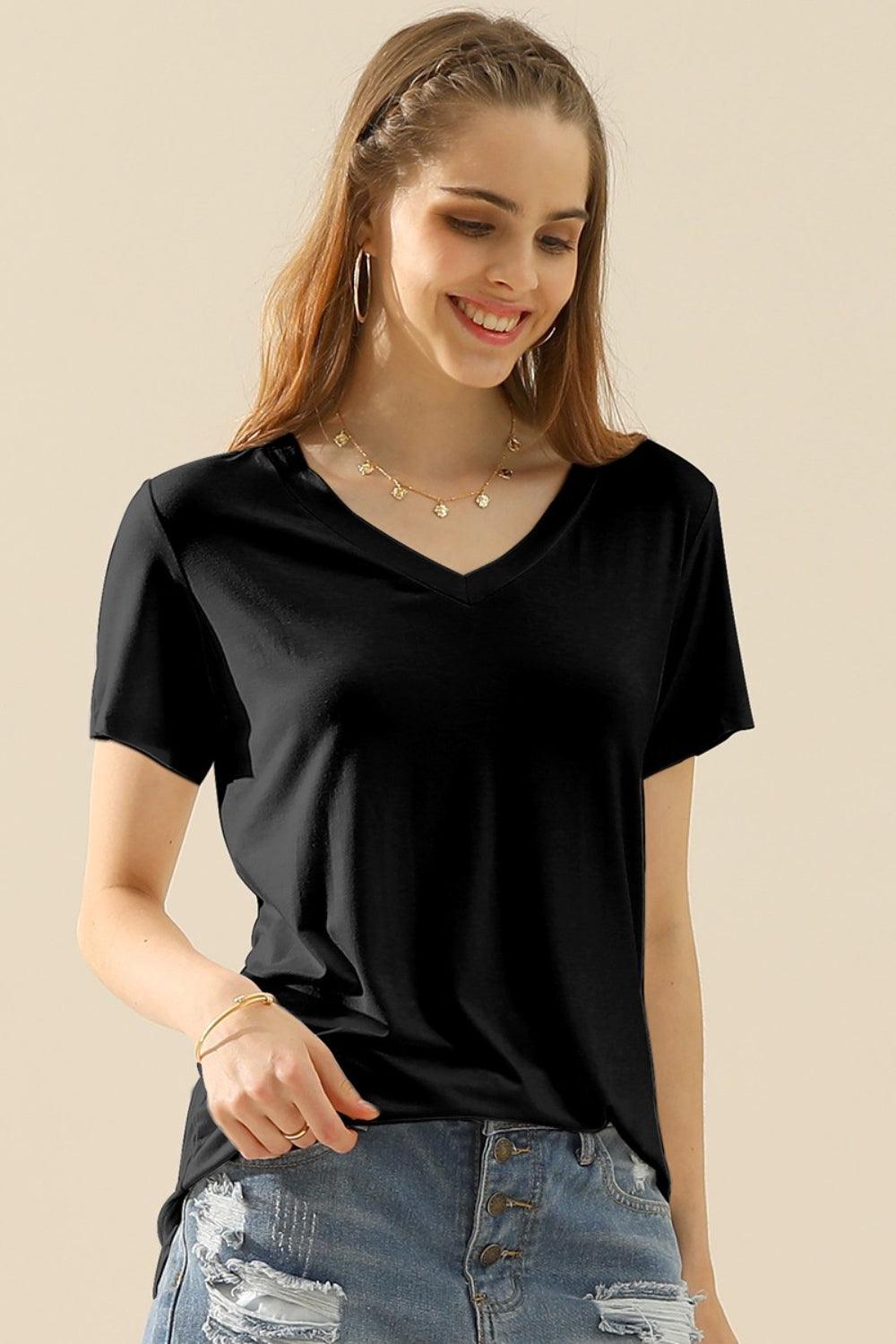 Ninexis Full Size V-Neck Short Sleeve T-Shirt BLACK T-Shirts