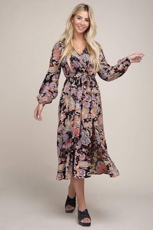 Paisley shirred waist long sleeve dress Maxi Dresses