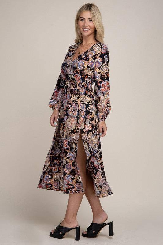 Paisley shirred waist long sleeve dress Maxi Dresses